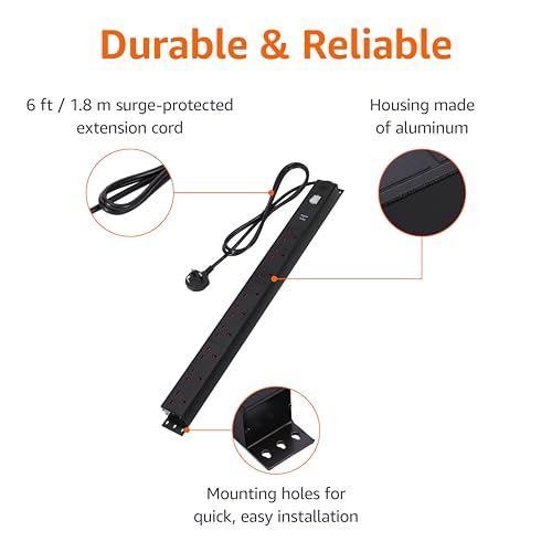 Amazon Basics Heavy-Duty Metal Surge Protector Power Strip, 9 Outlets (UK Plug), 600 J, 1.8 m Cord, Black, Rectangle - Image 2