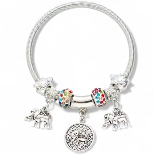 Pulsera con Baño de Plata y Dijes de Elefantes - Cristales Multic...
