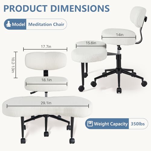 Image of DUMOS Ergonomic ADHD Meditation Office Desk Chair with Adjustable Backrest, Cross Legged Chair Height Adjustable with 360 Swivel Footstool, Yoga Stool for Home Office, Teddy Fabric White