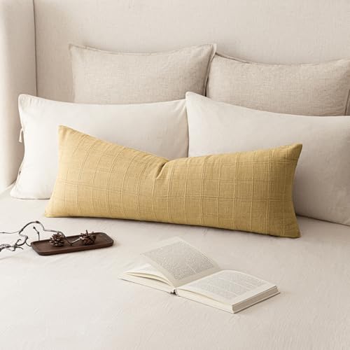 Image of Foindtower Set of 1 Decorative Linen Check Throw Pillow Cover Neutral Long Body Lumbar Cushion Cover Farmhouse Vintage Boho Home Decor for Sofa Chair Couch Bedroom Living Room,14x36 Inch,Amber Gold