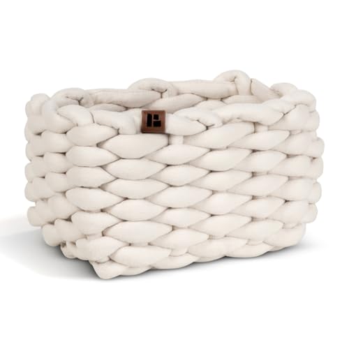 Bigso rechteckiger Aufbewahrungskorb aus weichem Stoff geflochtener Storage Basket kompakt super soft Oberfläche kleiner Ordnungshelfer für Bad Flur Schlafzimmer & Haushalt Größe S Creme