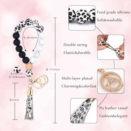 Image of BAOSIWA Silicone Key Ring Bracelet Wristlet Keychain Unique Beaded Bangle Key Chains for Women with Leather Tassel