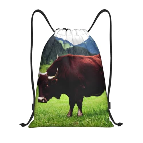 MyPiky Bolsas de cordón con estampado de lunares rojos y blancos, mochilas con cordón, mochila unisex para gimnasio, compras, deportes, Real Swiss Cow Brown, M