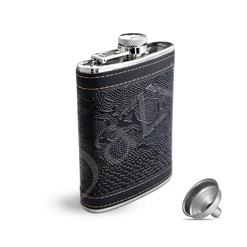 Image of Hip Flask with Funnel Pocket 240 Ml Stainless Steel for Men & Women 8oz - Whisky Vodka Alcoholic Liquor Holder Drinks Carrying Case Leakproof Travel Flasks Drinks, (Snake Skin Leather)