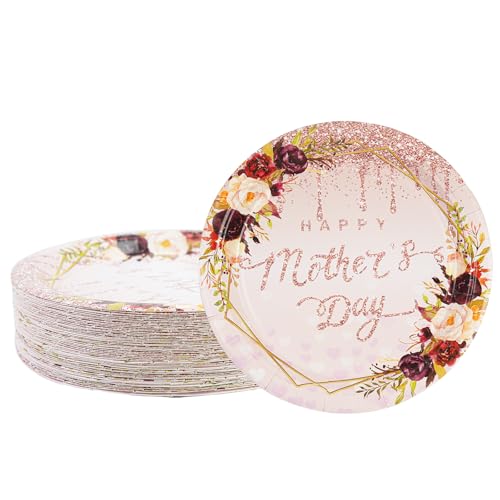 BOKFJBP 50pcs Mother's Day Party Plates- 7in Rose Gold Diamond Round Disposable Paper Plates Dinner Dessert Tableware Decorations for Happy Best Mom Spring Party Mother's Birthday Home Brunch Dinner