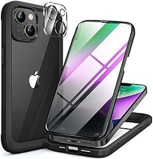 Miracase Compatible with iPhone 14 Case 6.1 inch, [Built-in Glass Screen Protector + 2 Camera Lens Protector] Full Body Rubber Bumper Clear Back Case Cover (Black)