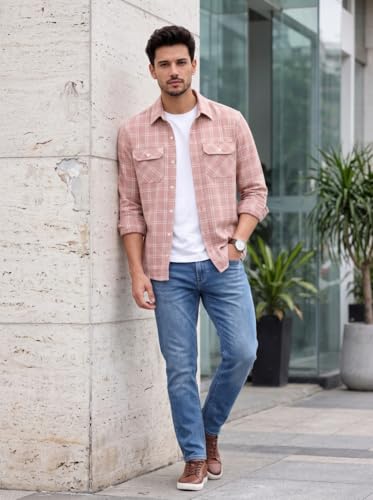 Image of Amazon Brand - INKAST Men's Cotton Blend Button Down Shirt || Long Sleeve Casual Flannel Check Shirt || Soft Breathable Lightweight Collared Shirts with Two Flap Chest Pockets || Stylish Everyday Wear