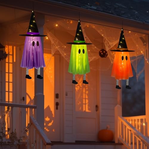 DAZONGE Halloween Decorations Outdoor, 3 Packs Hanging Ghost Halloween Decor with String Lights Battery Operated, Ghost Decor with with Hat for Home Yard Porch の商品画像 1