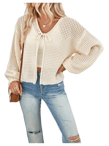 Image of MakeMeChic Women's Crochet Lightweight Cardigan Sweaters Tie Front Hollow Out Knitted Long Sleeve Cardigan Apricot X-Large