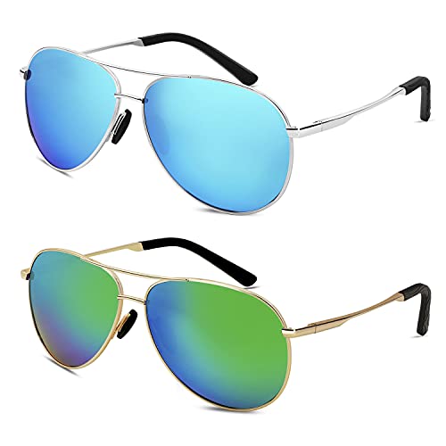 Aviator Sunglasses for Men Women Polarized Shades UV Protection, Ultra Sturdy Classic Police Sunglasses for Men, Pilot Sunglasses Men 2 Packs (Ice Blue/Green)