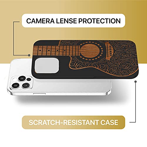 Caseyard Wood Phone Case For Iphone 12 Pro Max Laser Engraved Electro Guitar Design Black Wood Compatible Iphone Case Protective Shockproof Slim Fit Cell Phone Cover For Men & Women #TOP5