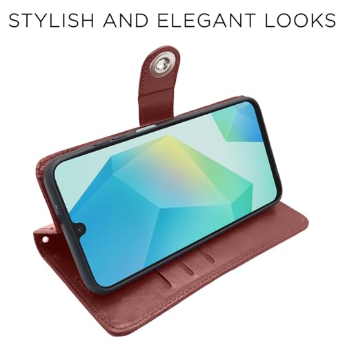 Image of Pikkme Flip Cover Leather Finish | Inside TPU with Card Pockets | Wallet Stand and Shock Proof | Complete Protection Button Flip Case for Samsung Galaxy A16 5G(Brown)