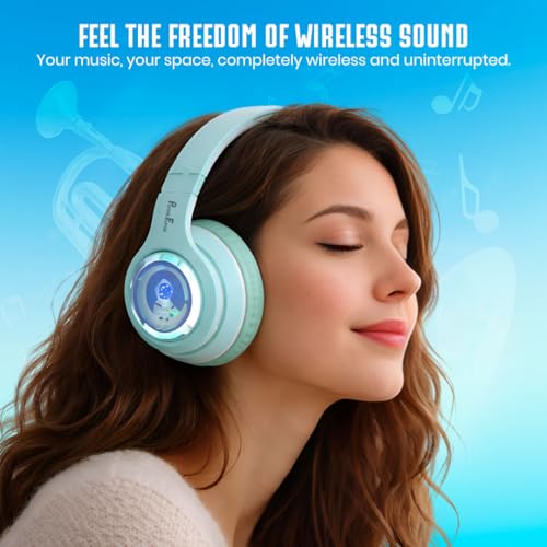 Image of PunnkFunnk Astro Junior Wireless Bluetooth Headphones with BT 5.3, Noise Cancelling, Hi-Res Audio, 40mm Drivers, Deep Bass, Memory Foam Ear Cushions, Over-Ear Headset for Kids, Teens & Adults (Green)