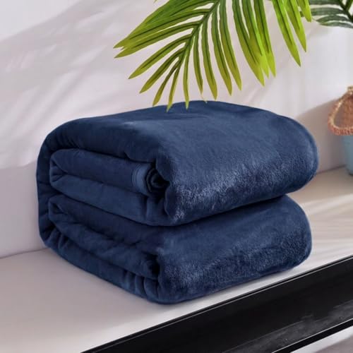 Image of HOMEKART Premium Flannel Fleece Blanket for Single Bed, Super Soft Plush Lightweight All Season Blanket, Solid Cozy Bed Throw for Bedroom, Sofa, Couch, Travel & Camping, 152 x 228 cm (Dark Blue)