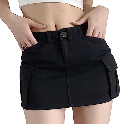 Women's Low Waist Cargo Skirt Button Mini Cargo Denim Skirt with Pocket