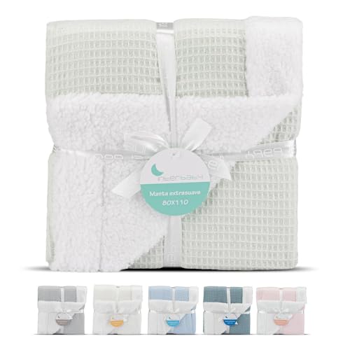 Interbaby - Manta Bebe Recien Nacido | Manta Algodon Bebe y Poliéster, Terciopelo, Suave, Cómoda, Cálida | Manta Meses Bebe 80x110cm, para Cunas, Carritos | Nido de Abeja + Borreguillo Menta