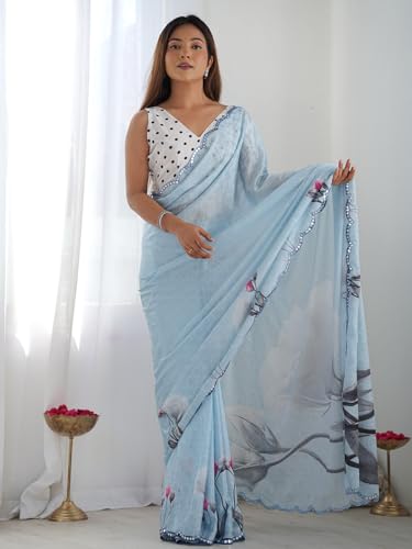 Image of Panzora Women's Chinon Printed Saree With Unstitched Blouse Piece