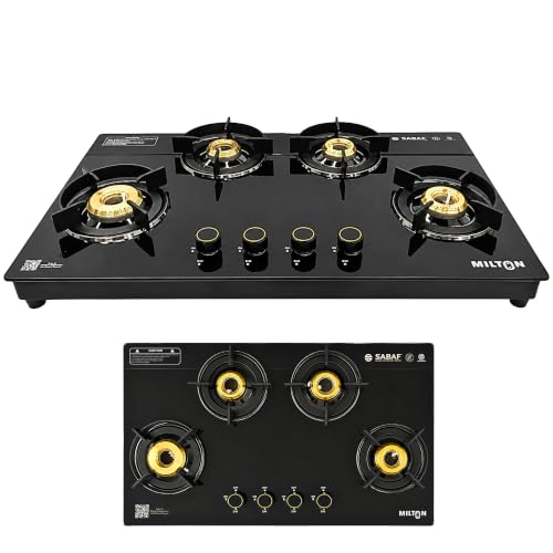 Image of Milton Magnus 4 Burner Gas Stove Hobtop | Built-In Hob with Auto Ignition | Italian SABAF Valves | 8mm Toughened Glass Top | 360 Nozzle | ISI Certified | 5 Years Glass Warranty