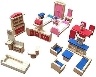 JOYIAL 5sets Family Kids Toy Colorful Wooden Doll House Furniture Gift Accessories, Miniature Bathroom/ Living Room/ Dining Room/ Bedroom/ Kitchen House(size:9.05x3.94x10.24inch)