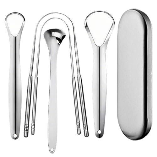 Raspador de Lingua, GODREAM Limpador de Lingua Inox com Estojo, Kit 5 Higiene Bucal, Limpeza Bucal Profunda, Elimina Mau Hálito, Remove Saburra, Lavável e Reutilizável, Essencial para Casa e Viagens