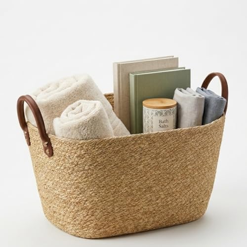 Cesta Organizadora de Palha com Alça de Couro – Cesto Decorativo ...