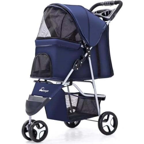 ペットカート 折りたたみ 犬用ベビーカー キャリーカート REENEW 多頭 4輪 耐荷重15kg 猫 小型犬 中型犬 老犬 介護 散歩 ペットバギー カゴ収納 (ブルー)