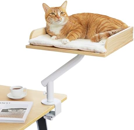 PAWZ Road Katzenbett für Schreibtisch, Holz-Katzenbett, Katzenkorb | für drinnen, 360° drehbar & höhenverstellbar, Katzen Hängematte für Kratzen, unterstützt bis zu 23kg, Beige