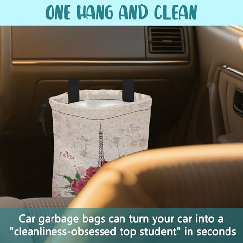 Image of Car Trash Bag Pink Eiffel Tower and Roses Leak-Proof Waterproof Car Garbage Bag with Drawstring Foldable Canvas Trash Bin with Adjustable Buckle for Car Accessories, Travelling, Camping