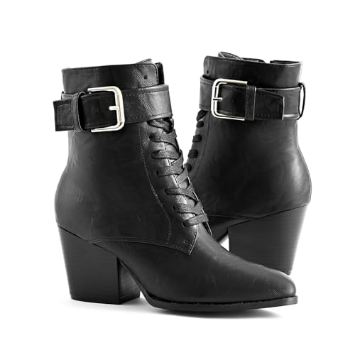 Ankle Boots for Women Chunky Heels Lace-up Booties with Side Zipper Buckle Strap Pointed Toe Comfortable Casual Ladies Work Booties Shoes3