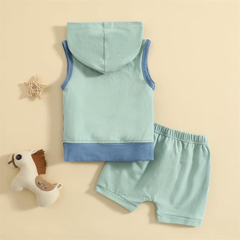 FYBITBO Toddler Baby Boys Shorts Outfits Hoodie Sleeveless Tank Top Shirt Shorts Clothes 2Pcs Boy Summer Clothing (Blue Green Block,0-6 Months)
