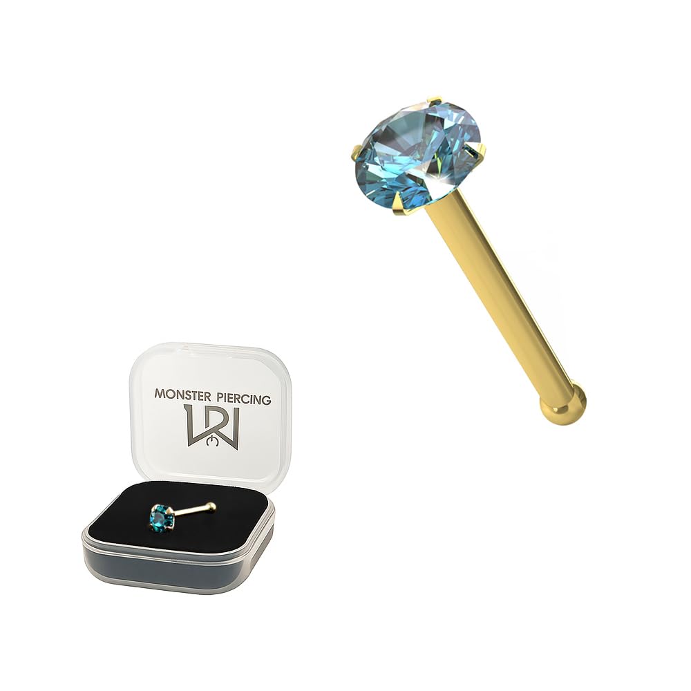 Monster Piercing - 14K Gold Echtgold | Nasenpiercing Nasenstecker Stud | Kristallstein Blau | Stabstärke: 22G (0,6 mm) | Stablänge: 6mm | Steingröße: 1,5mm bis 2,5mm | Hypoallergen