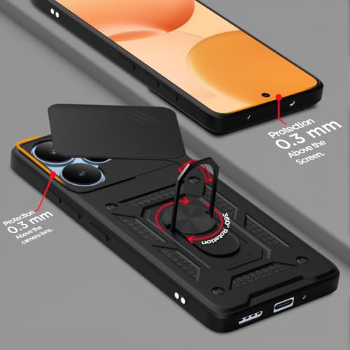 Image of Pikkme Back Cover for Realme P4 5G | D10 Tough Armor | 360 Protection Case | Sliding Camera Shield Cover & Ring Holder Stand Bumper Case (Black)