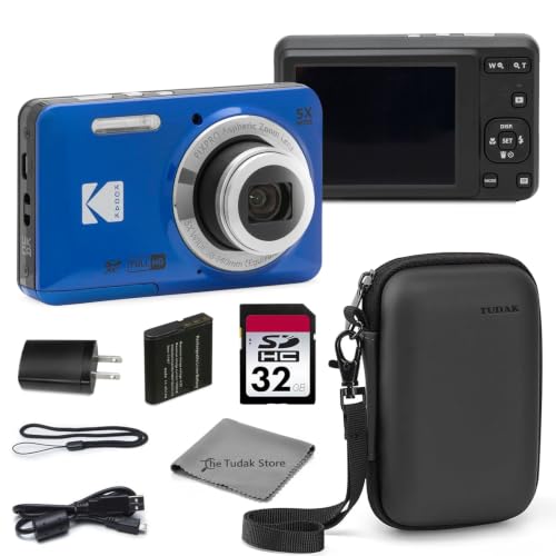 Kodak PIXPRO FZ55 �u���[ 16MP CMOS �Z���T�[ �f�W�^���J���� 5�{���w�Y�[�� 28mm �L�p 1080P �t��HD �r�f�I 2.7�C���` LCD Vlog�J���� �o���h�� Tudak�݊��P�[�X�A32GB SD�J�[�h&�}�C�N���t�@