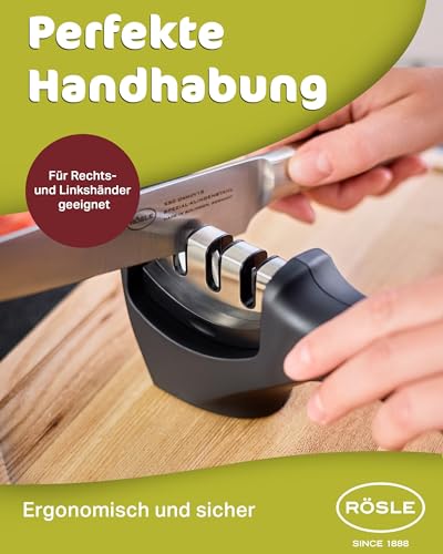 Foto von RÖSLE Messerschärfer - 3-Stufen Messerschleifer mit Wolframkarbid, Diamant und Keramik - Ergonomischer Griff, Austauschbarer Schleifkopf - Schleifgerät für Küchenmesser, Messer Schärfen leicht gemacht
