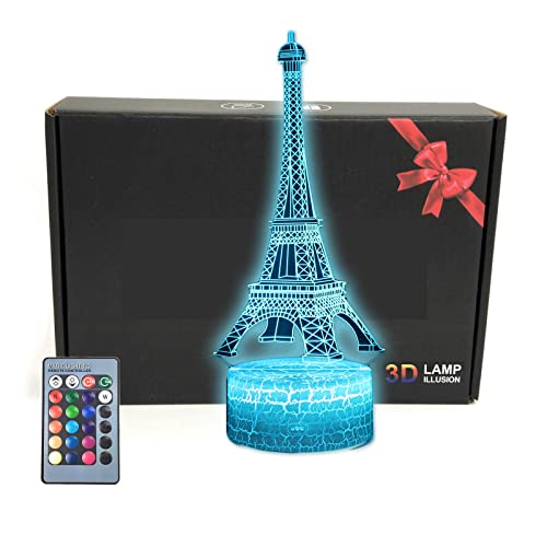 Tour Eiffel 3D Illusion LED Lampe de Table, 16 Couleurs, Cadeau pour Papa, mères, Hommes, Femmes, Enfants, garçons, Adolescents