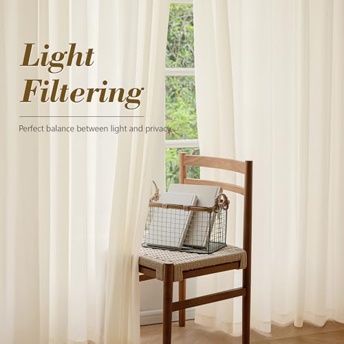 Image of FMFUNCTEX Cream Sheer Curtains, 45 Inch, Rod Pocket, 2 Panels for Bedroom | Butter Cream Semi Sheer Airy Drapes for Living Room, Faux Silk, Light Filtering for Privacy Without Blocking Natural Light