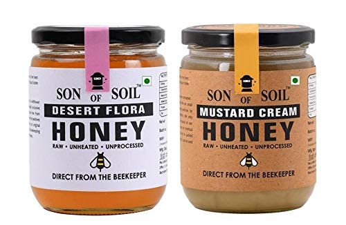 SON OF SOIL Mustard Cream and Desert Flora Raw Honey Combo | Pure Unprocessed Wild Honey Direct from the Beekeepers| No Added Sugar - Pack of 2 Glass Jar (665gm each)