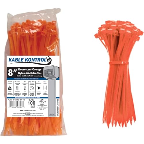 Image of Kable Kontrol Fluorescent Orange Zip Ties 8 Inch 100 Pcs, 50 Lbs Tensile Strength, Self-locking Nylon Colored Cable Ties Wire Wraps for Indoor or Outdoor Use