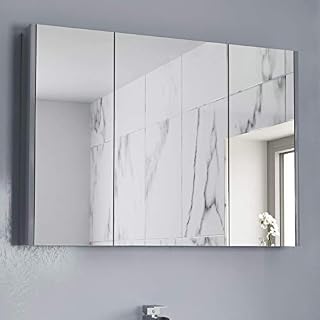 AURORA 900mm Bathroom Mirror Cabinet 3 Door Storage Cupboard Wall Mounted Grey Gloss