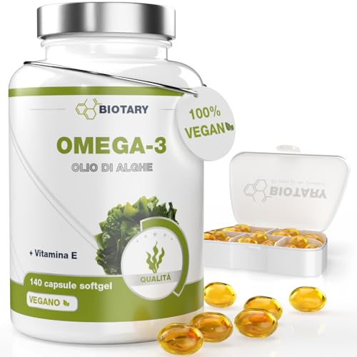 ✅ Omega 3 Olio di alghe: inclusa pilloliera - 140 capsule softgel ad alto dosaggio di olio di alghe Omega 3, con 540 mg di acidi grassi Omega-3 (340 mg DHA, 200 mg EPA e 10 mg di vitamina E) per dose giornaliera. Il nostro olio di alghe BIOTARY è in forma naturale di trigliceridi e ha una biodisponibilità significativamente superiore rispetto ai prodotti Omega-3 convenzionali, e può quindi essere assorbito molto meglio dall’organismo.