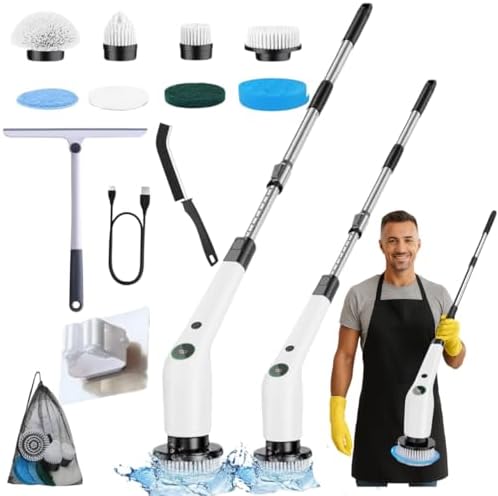 10-in-1 Electric Spin Scrubber Cordless Electric Cleaning Brush with 8 Replaceable Heads, Adjustable Long Handle, IPX7 Waterproof Shower Scrubber for Bathroom, Kitchen, Tile, Floor, Car
