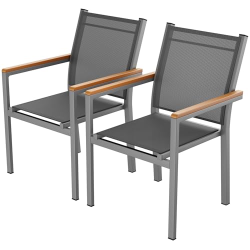 LIFERUN Juego de 2 sillas de jardín de aluminio, sillas apilables de comedor de textileno, pasamanos de WPC, sillas de balcón, para terraza, balcón, piscina, restaurantes, resistentes a la intemperie