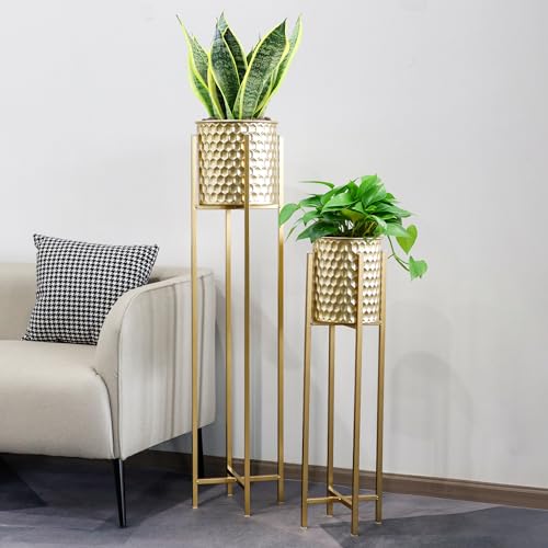 TRIROCKS Set mit 2 Goldenem Modernen Pflanzgefäßen Metall mit Ständer für Pflanzen 104/74 cm Hoch Blumentöpfe für Innen Außenbereich Wohnzimmer Ecke Küche Büro Garten Balkon Terrassendekoration