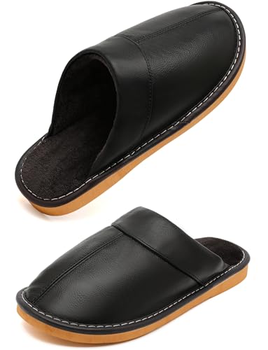 Kiemorgy Slippers for Women Men, Genuine Leather Slippers Indoor Outdoor, Fuzzy Bedroom House Shoes for Women Men, Plush Lining Black Womens Sandals Slip-on PT01-black3940