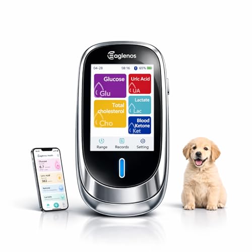 EAGLENOS Dog Glucose Monitoring Kit, 5-in-1 Pet Blood Analyzer with Fast Results, Tests Glucose Ketone Uric Acid Cholesterol Lactate, for Home Monitoring & Veterinary Clinics