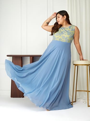 Image of Miss Chase A+ Women's Round Neck Sleeveless Georgette Floral Lace Fit & Flare Maxi Dress