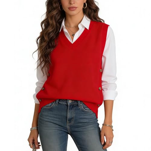 Image of Blostirno Women's V Neck Sweater Vest Ribbed Side Split Button Sleeveless Knit Pullover Sweaters Tops