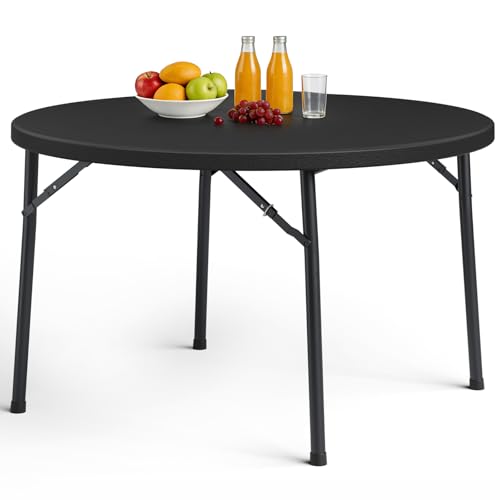 MAKE CHANGES 48" Folding Round Table, Heavy Duty Plastic Commercial Dinner Table with Foldable Steel Legs, Portable Banquet Table for Party, Events, Office, Indoor, Outdoor, Black