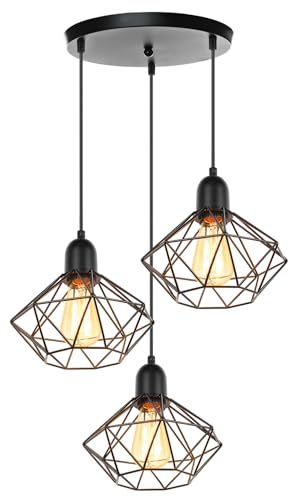 Lampadario a Sospensione Vintage Industriale E27 - Lampada da Soffitto in Legno e Metallo Nero - Gabbia 20cm per Camera da Letto Cucina (3 Luci - Base Nero)