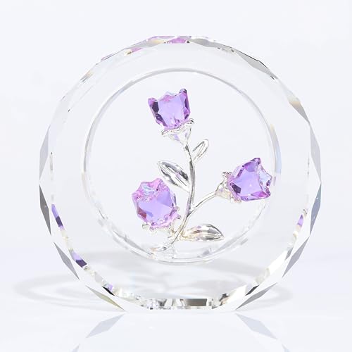 Purple Rose Flower Crystal Figurine with Vase - Bouquet Flowers Ornament Gifts for Wife Girlfriend Women - Handmade Crystal Flower Collectible Home Table Decor ?for Valentine's Day Wedding Anniversary